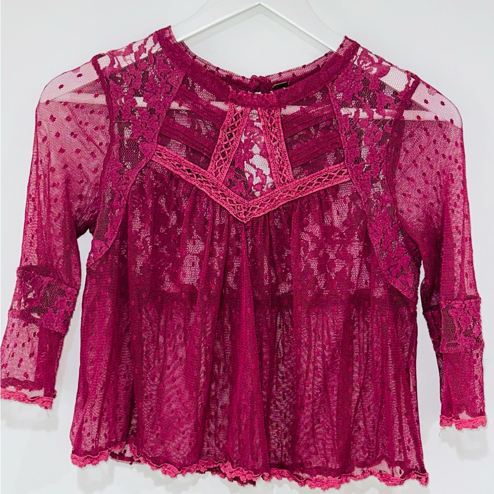 Free People Lace Crop Top Magenta Sheer Boho Romantic Bell Sleeve Size Small
